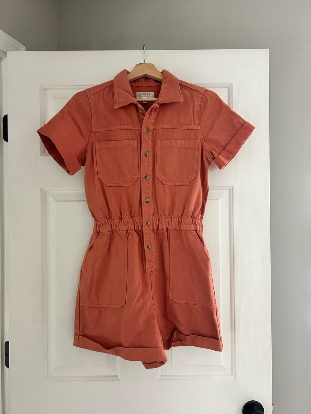 Francesca's Coral-Orange Button-Front Jumpsuit